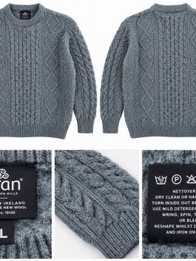 Aran Woollen Mills 100% Wool Irish Cable Knit Sweater L Gray/Blue